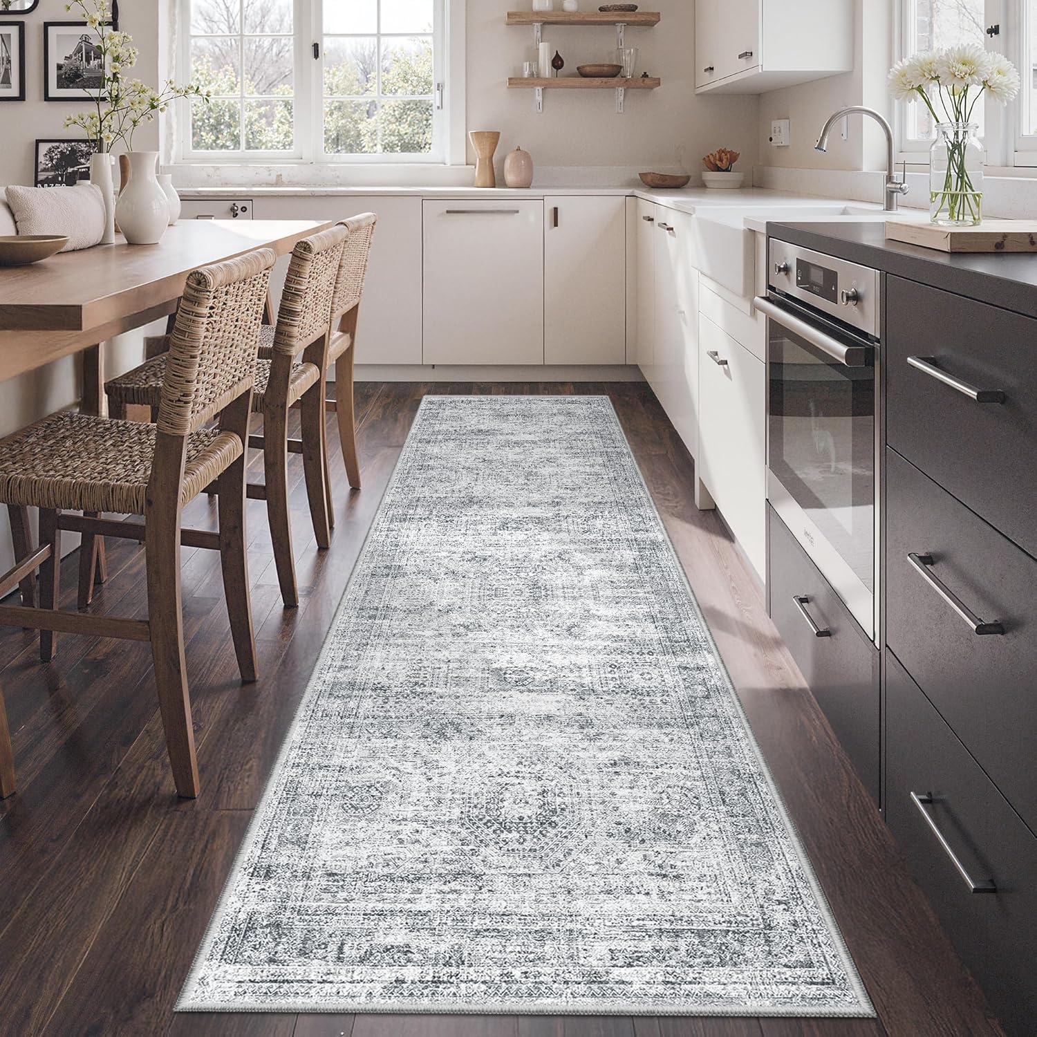 Restydon Kitchen Runner Rug Non Slip - 2.5 x 8 Runners for Hallways, Entryway, Bedroom, Washable Runner Rugs for Bathroom, Laundry Room, Low Pile Soft Vintage Area Rug(2.5'x8', Grey/Ivory)