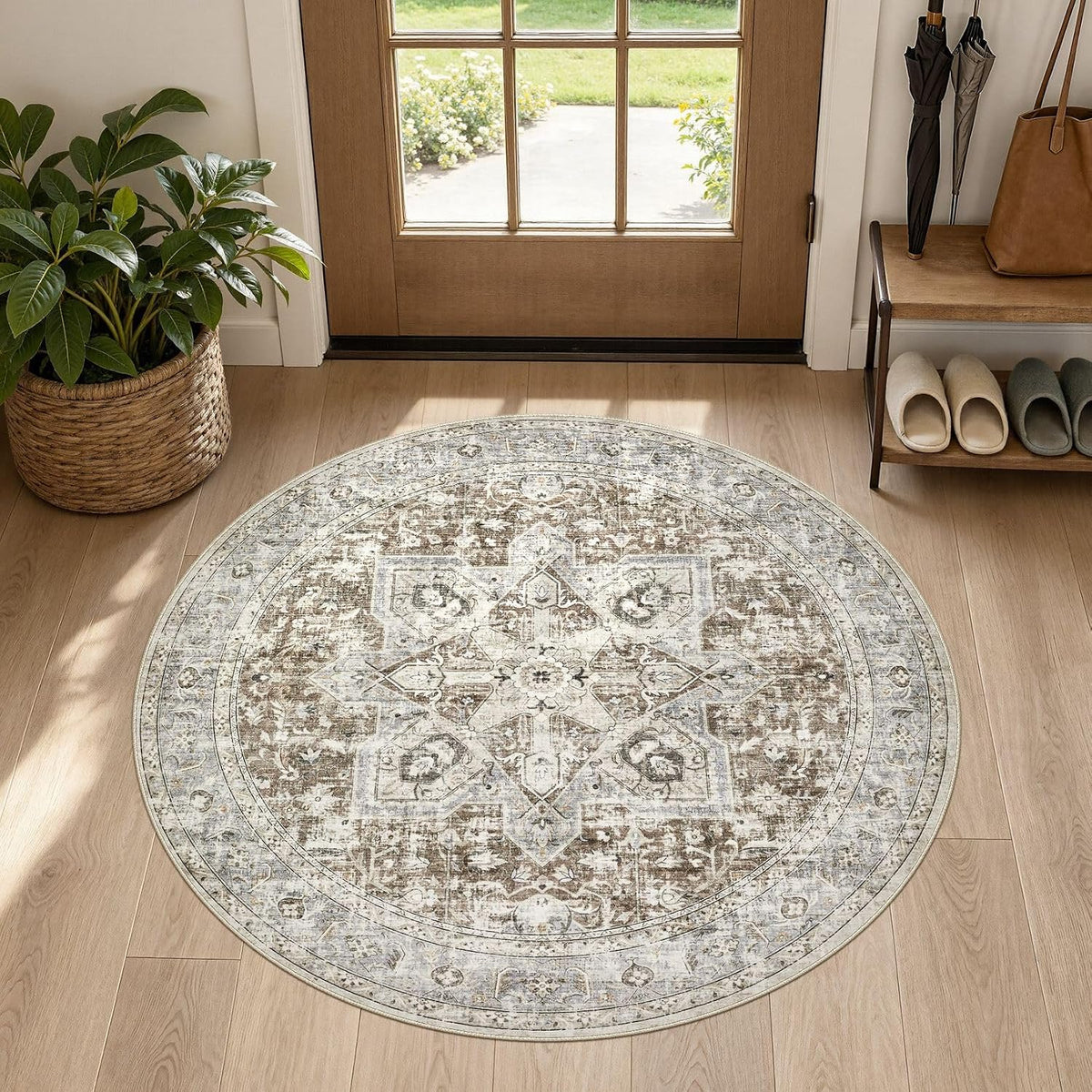 Alfombra redonda Tortania de 1,2 m para sala de estar - Alfombra bohemia lavable, estilo vintage oriental, estilo granja, grande y delgada, para interiores, ideal para dormitorio, debajo de la mesa del comedor o en la oficina en casa - Marrón y azul