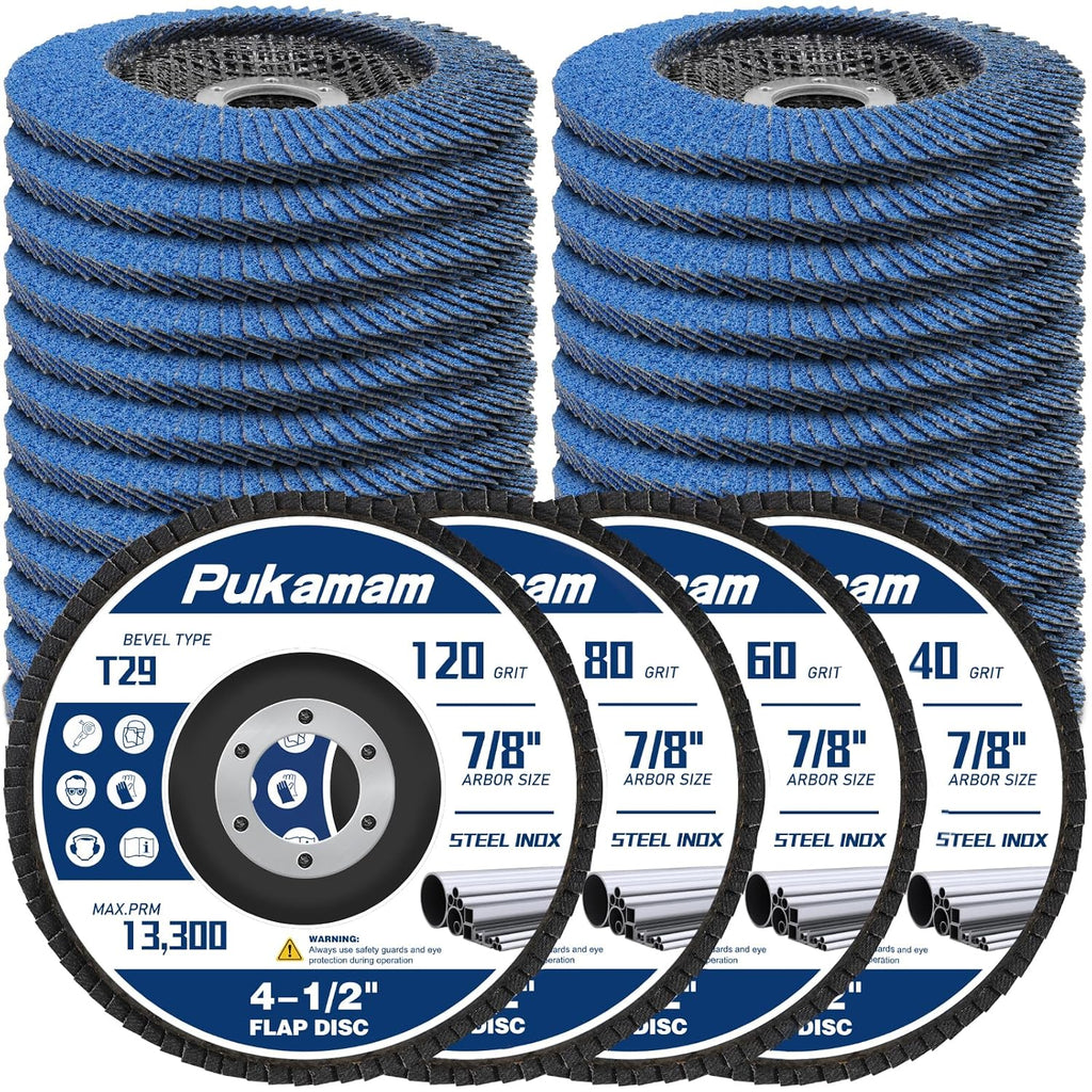 Pukamam Paquete de 24 discos de láminas de 4 1/2 pulgadas para amoladora angular, grano 40, 60, 80, 120, tipo 29, muela abrasiva de zirconia para lijado de madera y metal.