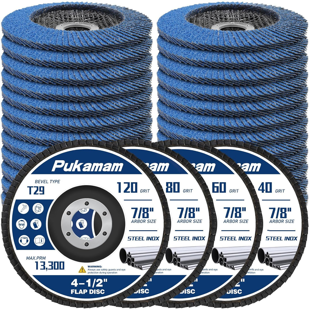 Pukamam Paquete de 24 discos de láminas de 4 1/2 pulgadas para amoladora angular, grano 40, 60, 80, 120, tipo 29, muela abrasiva de zirconia para lijado de madera y metal.