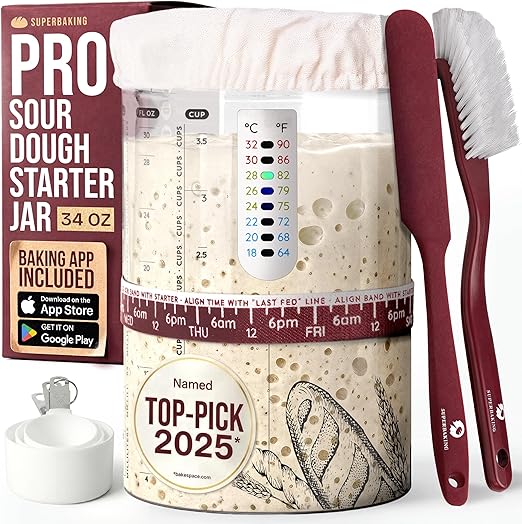 Tarro de masa madre Superbaking para principiantes con tarro de vidrio de boca ancha de 967 ml (34 oz), recipiente para masa madre con guía y recetas, regalo para hornear masa madre, olla para masa madre