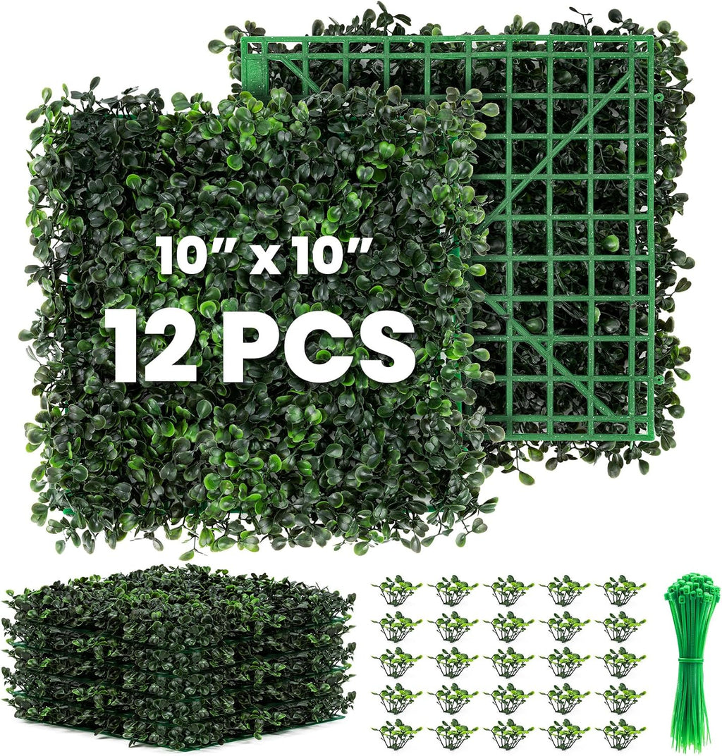 Paneles de Pared de Boj Artificial Ticanros – Pack 12 Unidades 25x25 cm, Pared Verde para Jardines, Cercas y Patios