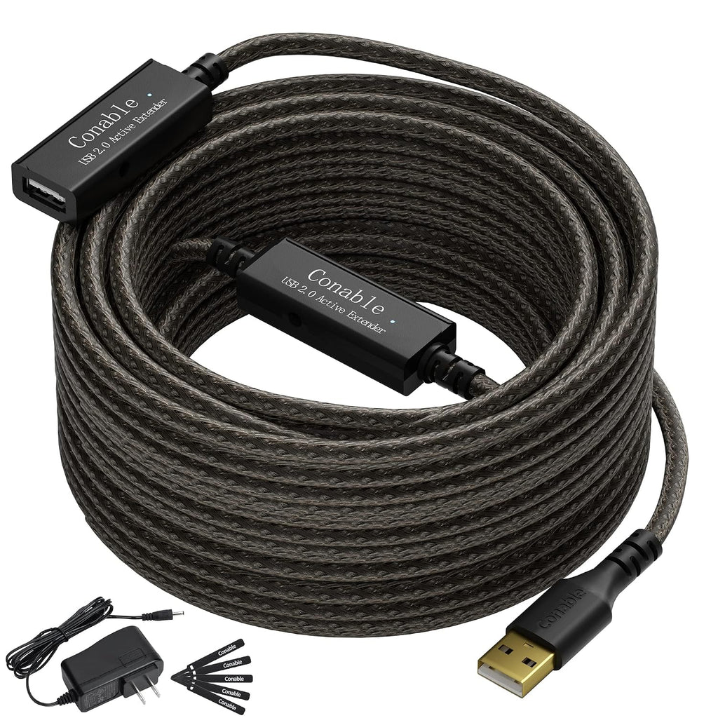 Cable de Extensión USB Activo 100 Pies – USB 2.0 A Macho/Hembra, 2 Chipsets Amplificadores, Cobre 22AWG, Fuente AC