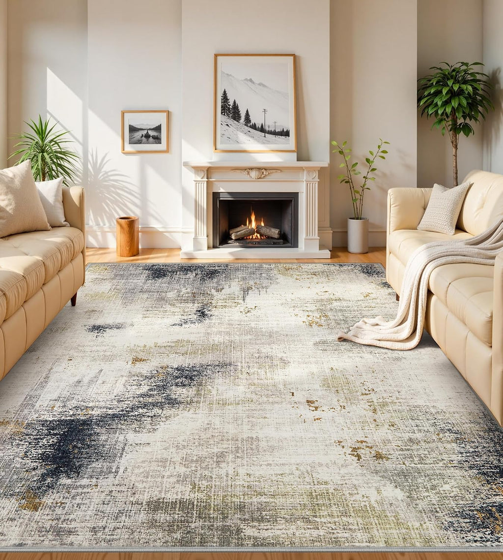 Alfombra Grande 8x10 Lavable a Máquina – Diseño Abstracto Moderno Beige Tan | ⚠️ Presenta Uso, No Afecta su Funcionamiento
