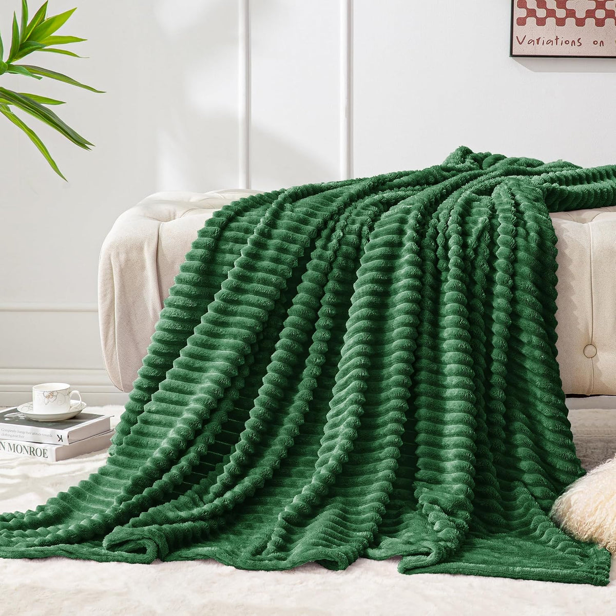 Manta Forro Polar Bedelite Individual | Verde | 60x80" (152x203 cm) | Jacquard Acanalado 3D | Suave Cálida Mullida | Sofá Cama Sillón | 1 Unidad