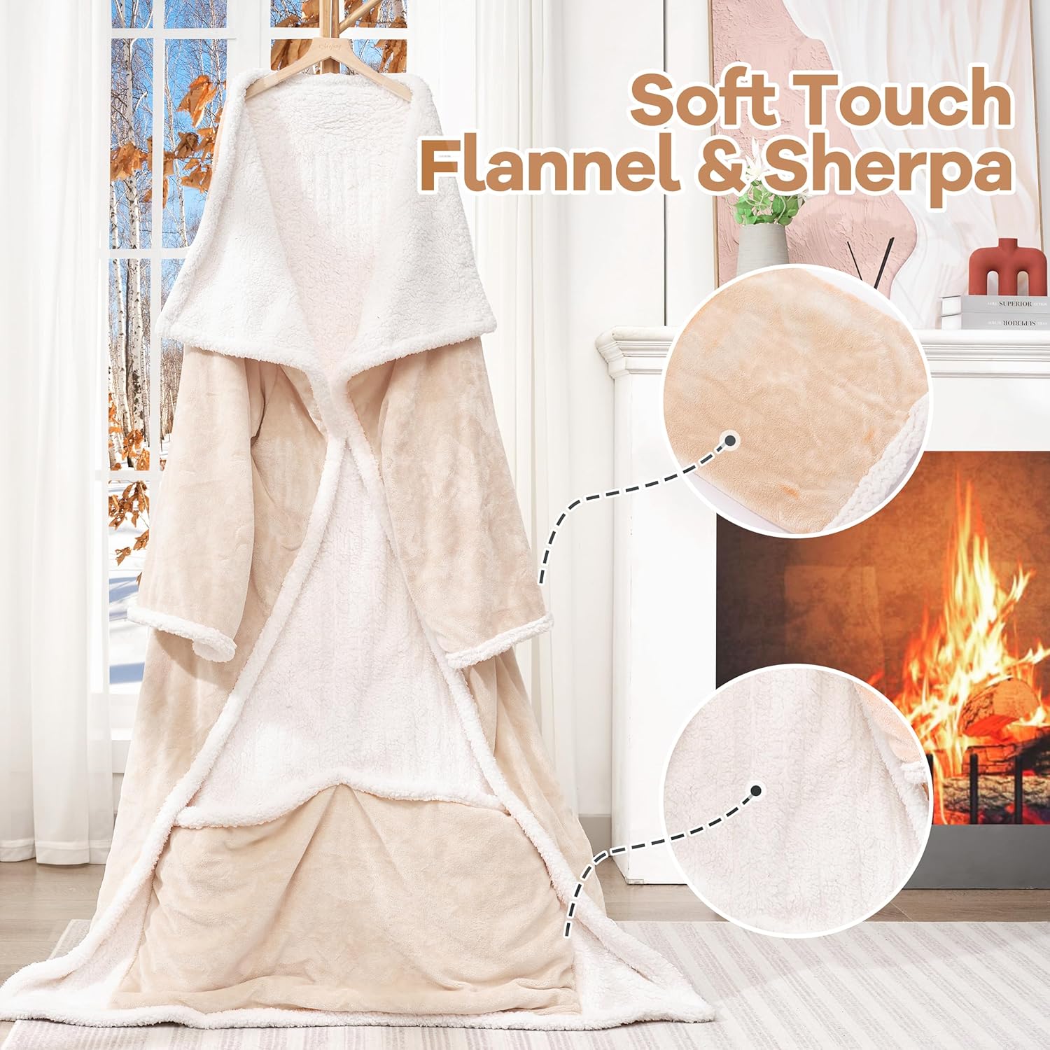 Manta eléctrica portátil con bolsillo para los pies y mangas, manta de calefacción, 6 niveles de calefacción y apagado automático, lavable a máquina (larga, beige)