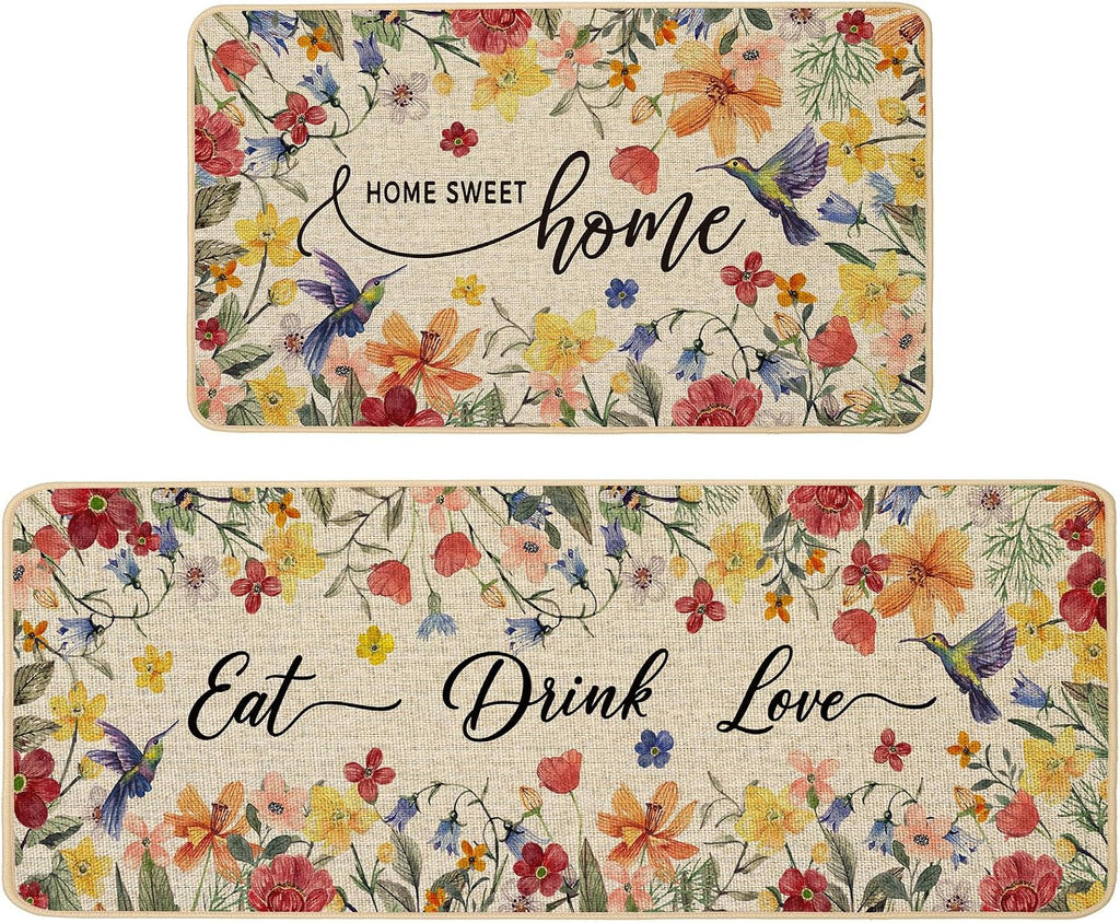 Juego de 2 tapetes de cocina florales Baccessor Home Sweet Home, alfombras de cocina absorbentes, antideslizantes, de perfil bajo y lavables para decoración del hogar, 17x29 y 17x47 pulgadas.