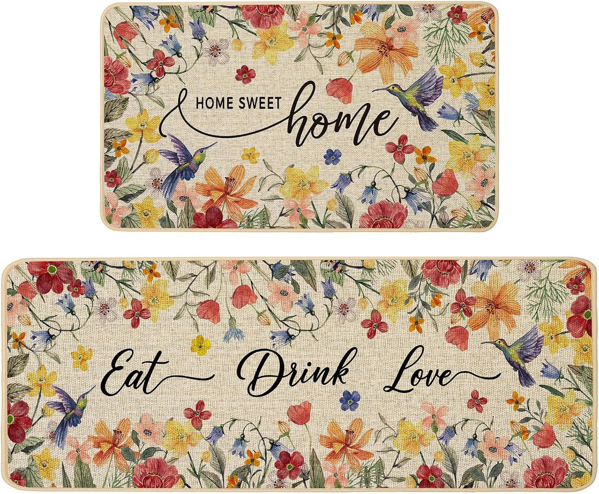 Juego de 2 tapetes de cocina florales Baccessor Home Sweet Home, alfombras de cocina absorbentes, antideslizantes, de perfil bajo y lavables para decoración del hogar, 17x29 y 17x47 pulgadas.