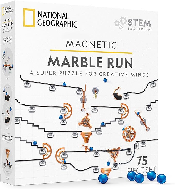 National Geographic Magnetic Marble Run - Juego de construcción STEM de 75 piezas para niños y adultos con pista magnética, piezas de truco y canicas para construir un laberinto de mármol