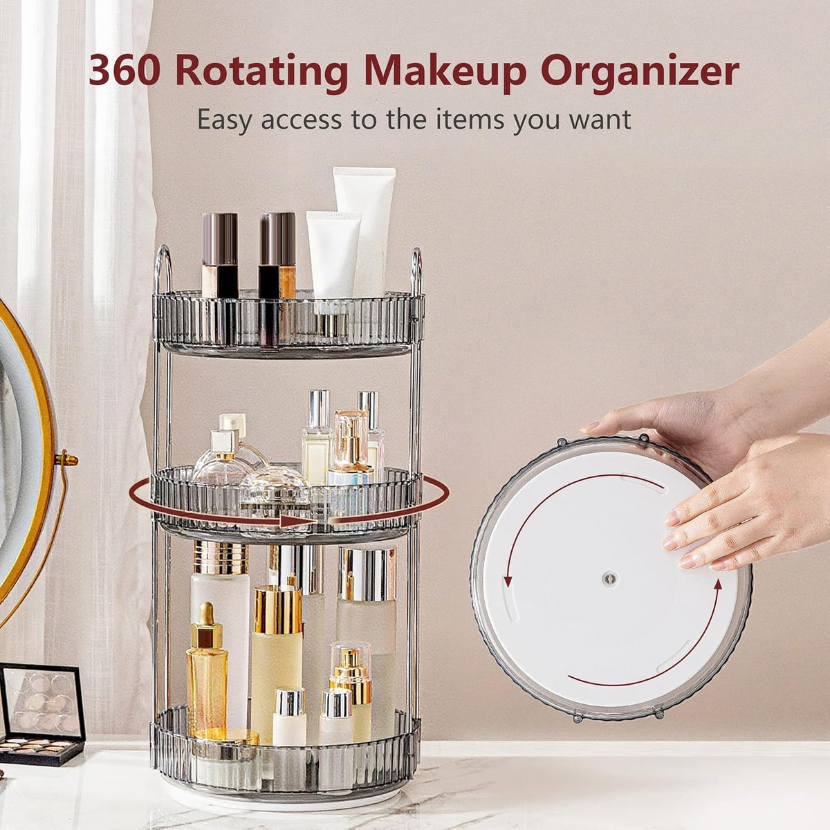 Organizador de maquillaje giratorio de 360° INVSSENE, estante giratorio para maquillaje de baño, estante de tocador de gran capacidad para cosméticos, ideal para cosméticos, perfumes, productos para el cuidado de la piel y labiales (3 niveles, gris).