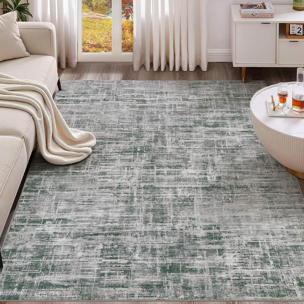 UERMEI Alfombra para Sala 5x7 | Lavable, Abstracta Moderna Neutra, Antideslizante, Resistente a Manchas (Gris/Verde)