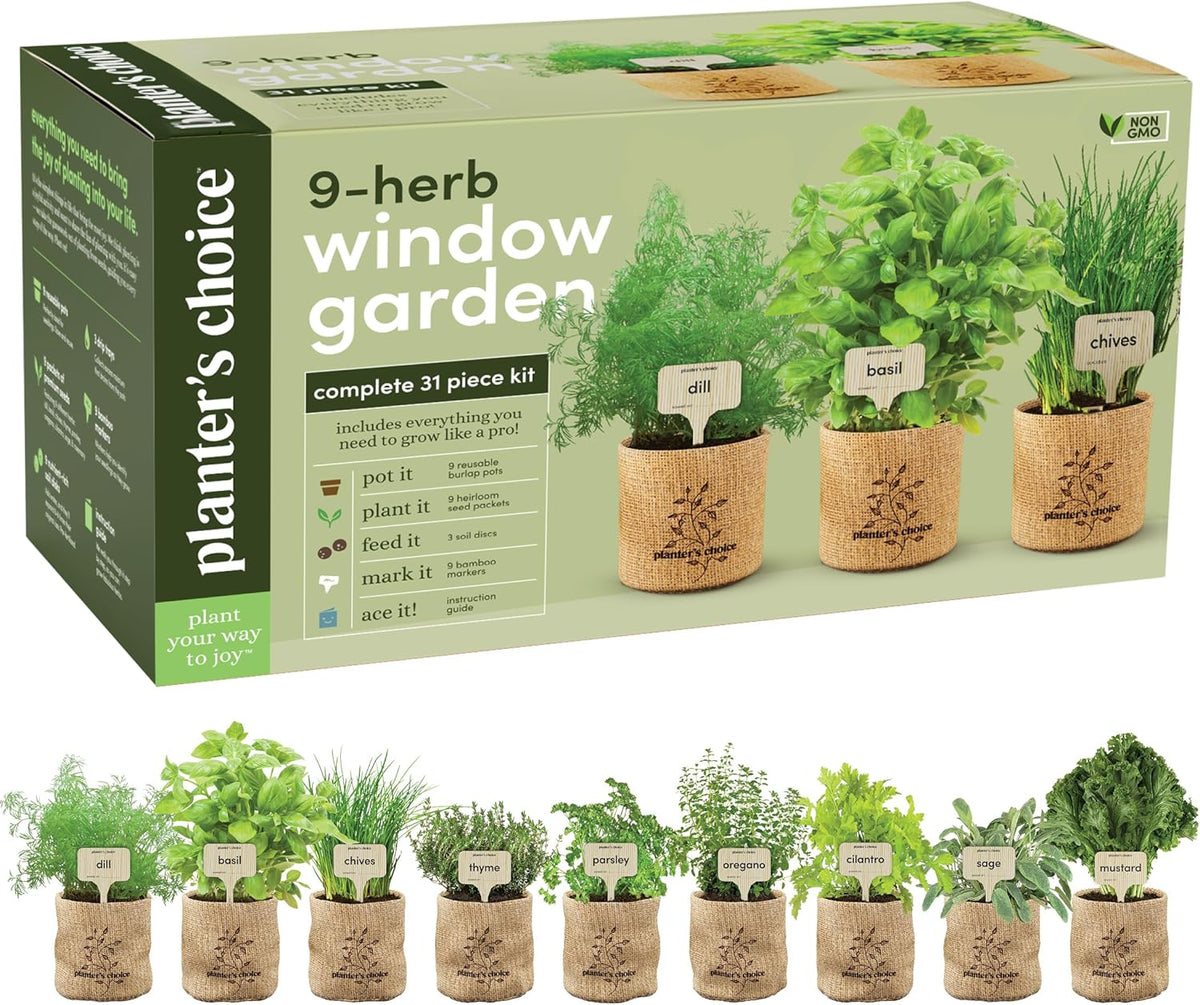 Kit de jardín de interior para ventana con 9 hierbas Planters' Choice - Regalos de cumpleaños - Semillas de plantas de interior - Las mejores ideas de regalos únicos para mujeres, mamás, amigas, para ella, inauguración de casa