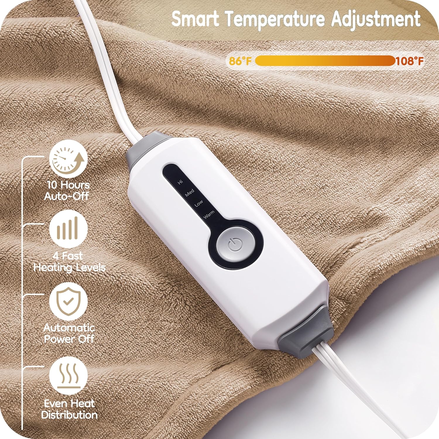 Cobija Eléctrica LaffyLo Tamaño Full 72"x84" – Franela Suave Transpirable, 4 Niveles de Calor, Apagado Automático 10H, Lavable a Máquina, Café Claro