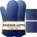 Juego de 4 guantes de horno y salvamanteles de silicona suave sin BPA, guantes de horno ultra resistentes al calor con forro de algodón grueso, soportes largos antideslizantes para ollas