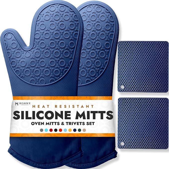 Juego de 4 guantes de horno y salvamanteles de silicona suave sin BPA, guantes de horno ultra resistentes al calor con forro de algodón grueso, soportes largos antideslizantes para ollas