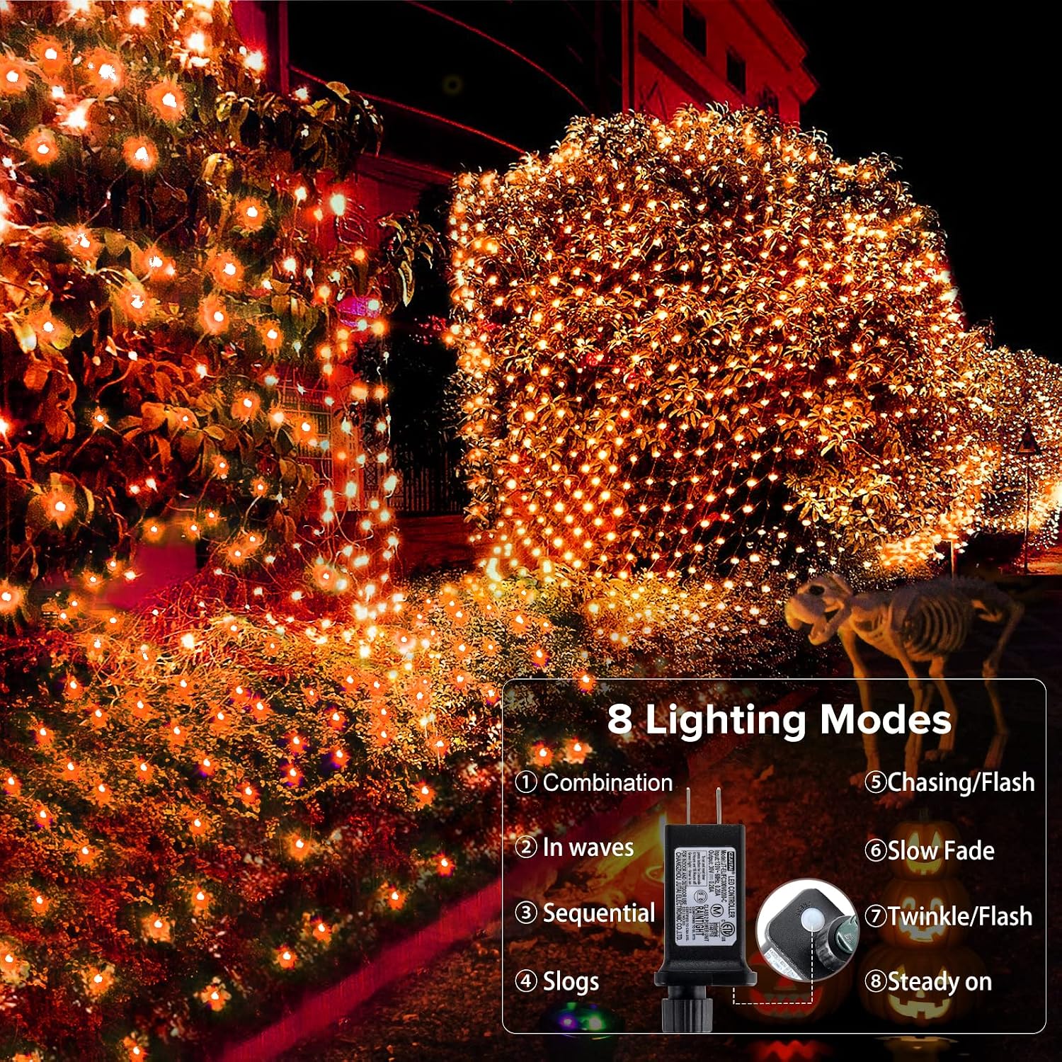 BlcTec Luces de Halloween con 200 luces LED de 8.4 x 5.2 pies de color naranja con 8 modos, certificado UL, temporizador, conectable, impermeable, cable verde oscuro para árboles, arbustos, arbustos, césped, decoraciones de Halloween al aire libre