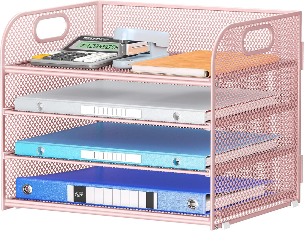 4-Tier Paper Organizer for Desk With Handle, Mesh Desktop File Tray, Office Classroom Organization and Storage - Pink