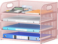 4-Tier Paper Organizer for Desk With Handle, Mesh Desktop File Tray, Office Classroom Organization and Storage - Pink