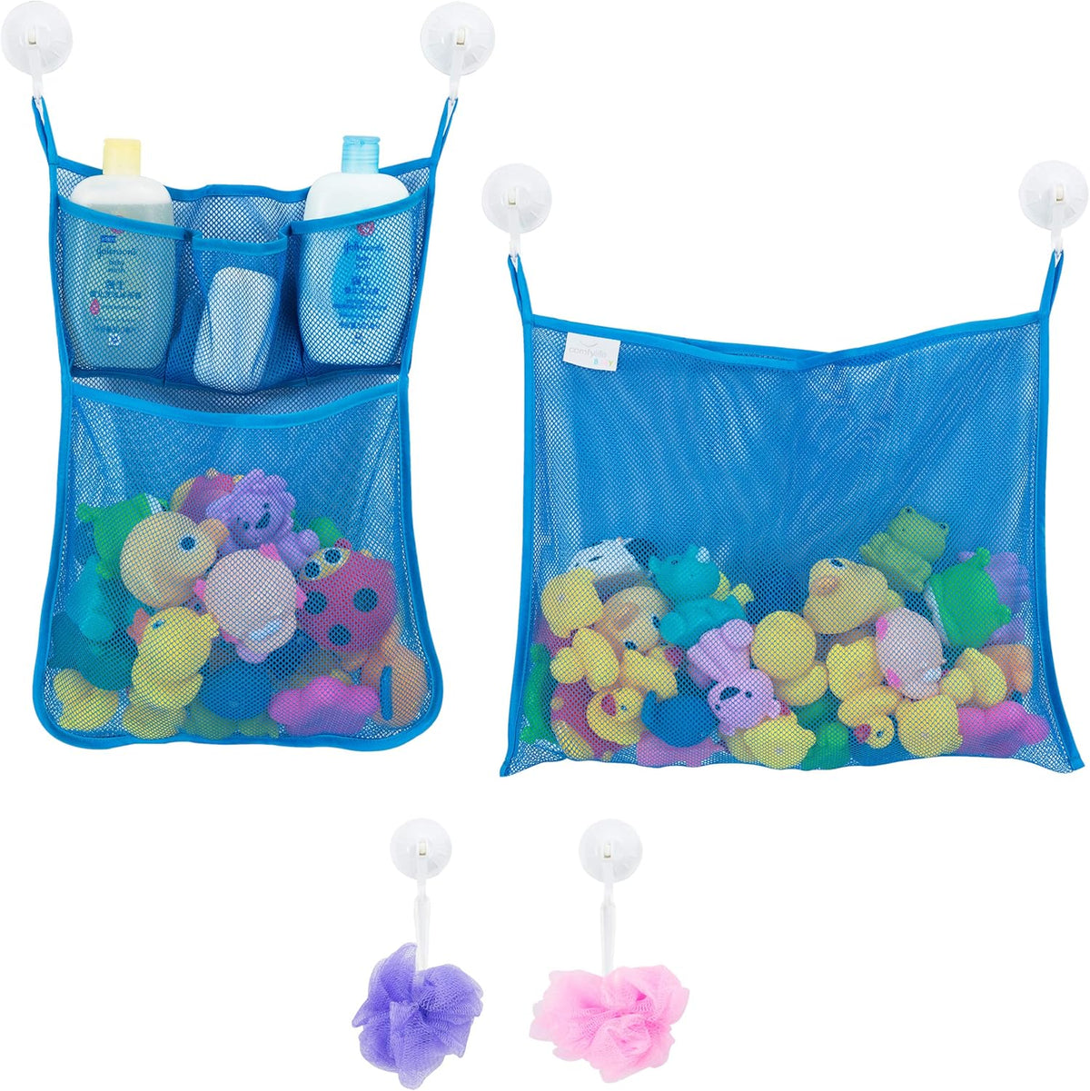 Organizador de Juguetes de Baño en Malla x2 — Incluye 6 Ganchos Ultra Resistentes para Tina, Ducha y Baño
