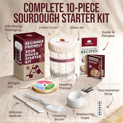 Tarro de masa madre Superbaking para principiantes con tarro de vidrio de boca ancha de 967 ml (34 oz), recipiente para masa madre con guía y recetas, regalo para hornear masa madre, olla para masa madre