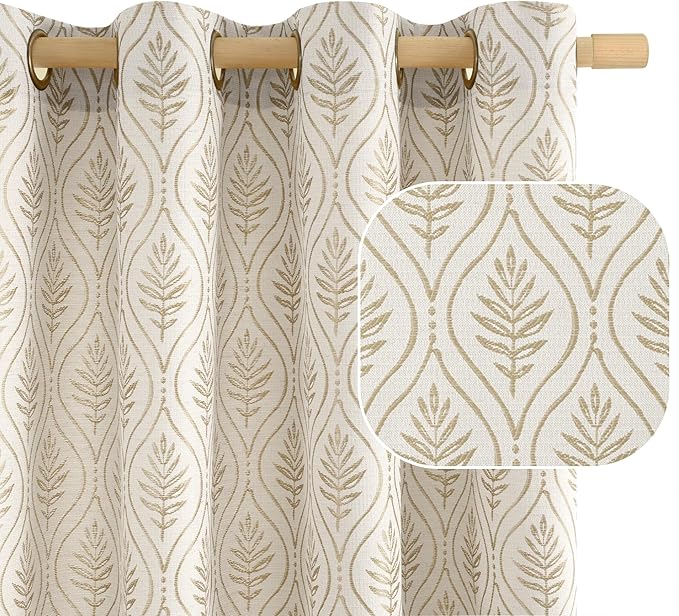 BGment - Cortinas de jacquard beige con hojas para sala de estar, patrón botánico de estilo campestre francés, cortinas de lino vintage boho semitransparentes de estilo cottage core, decorativas