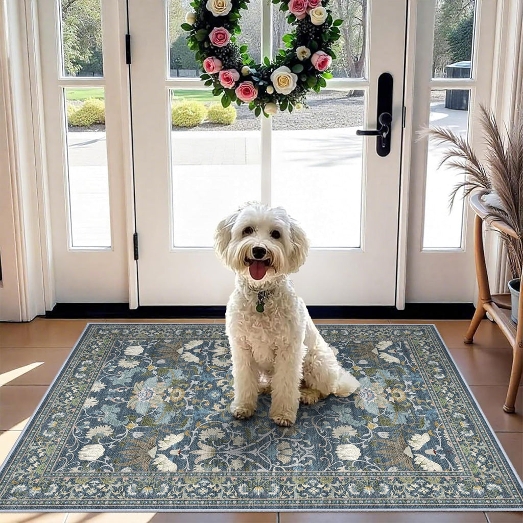 Alfombra lavable de 2x3 para entrada: Alfombra fácil de limpiar con base antideslizante para dormitorio y cocina. Alfombra resistente a las manchas y que no suelta pelusa. Perfecta para zonas de mucho tránsito con mascotas (2x3, Floral/Azul).