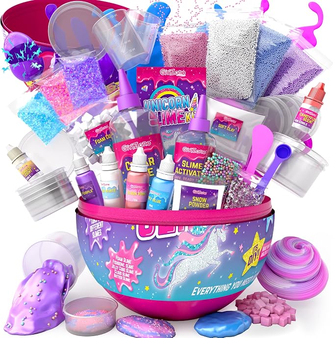 Kit para hacer slime con forma de huevo de unicornio brillante de GirlZone. ¡Todo en un huevo grande para crear muchos tipos diferentes de slime! Regalos de cumpleaños fantásticos para niñas.