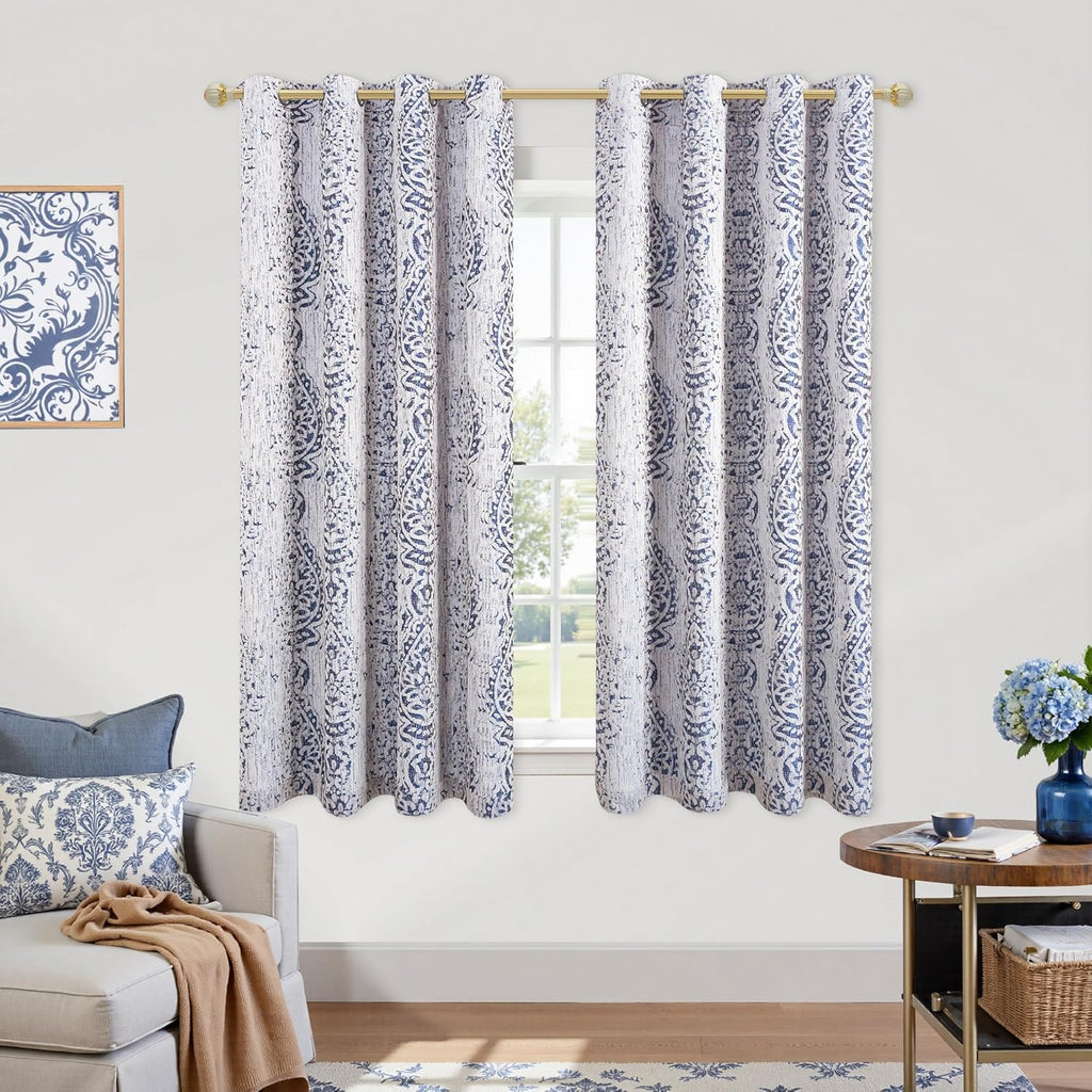KOUFALL Short Blackout Curtains - 100% Blackout Floral Damask Jacquard - Navy Blue - 2-Panel Set - Grommet Top - Machine Washable - For Bedroom, Living Room & Windows