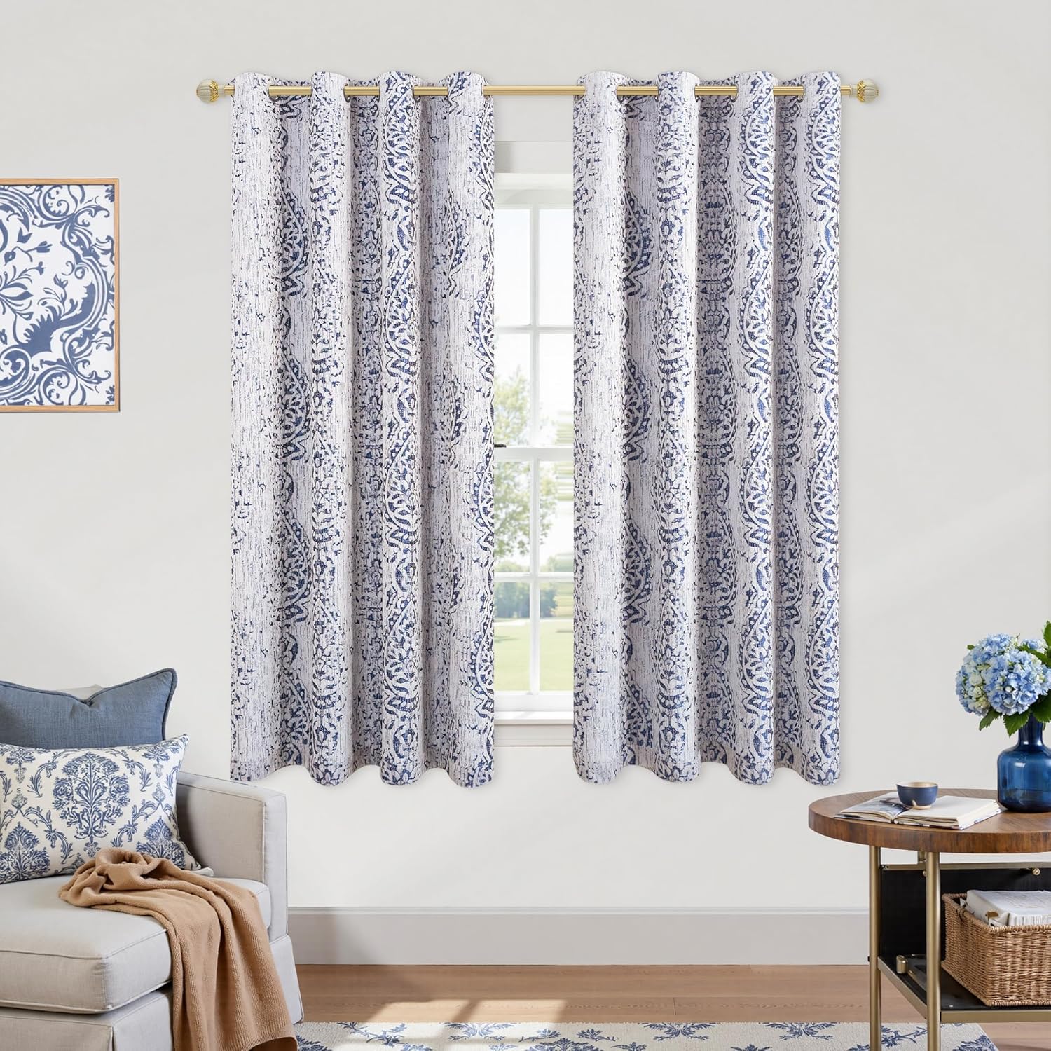KOUFALL Short Blackout Curtains - 100% Blackout Floral Damask Jacquard - Navy Blue - 2-Panel Set - Grommet Top - Machine Washable - For Bedroom, Living Room & Windows