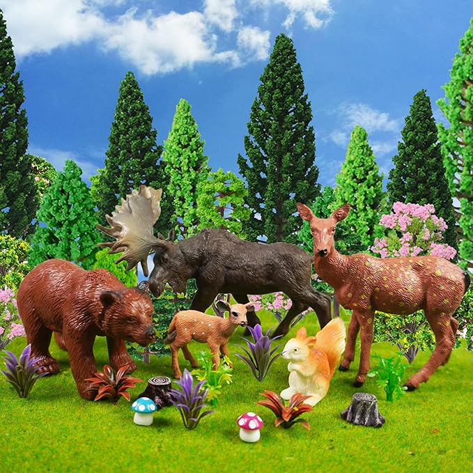 Figuras de Animales del Bosque y Árboles de Plástico Mixtos – Adornos para Pasteles y Decoraciones de Cumpleaños