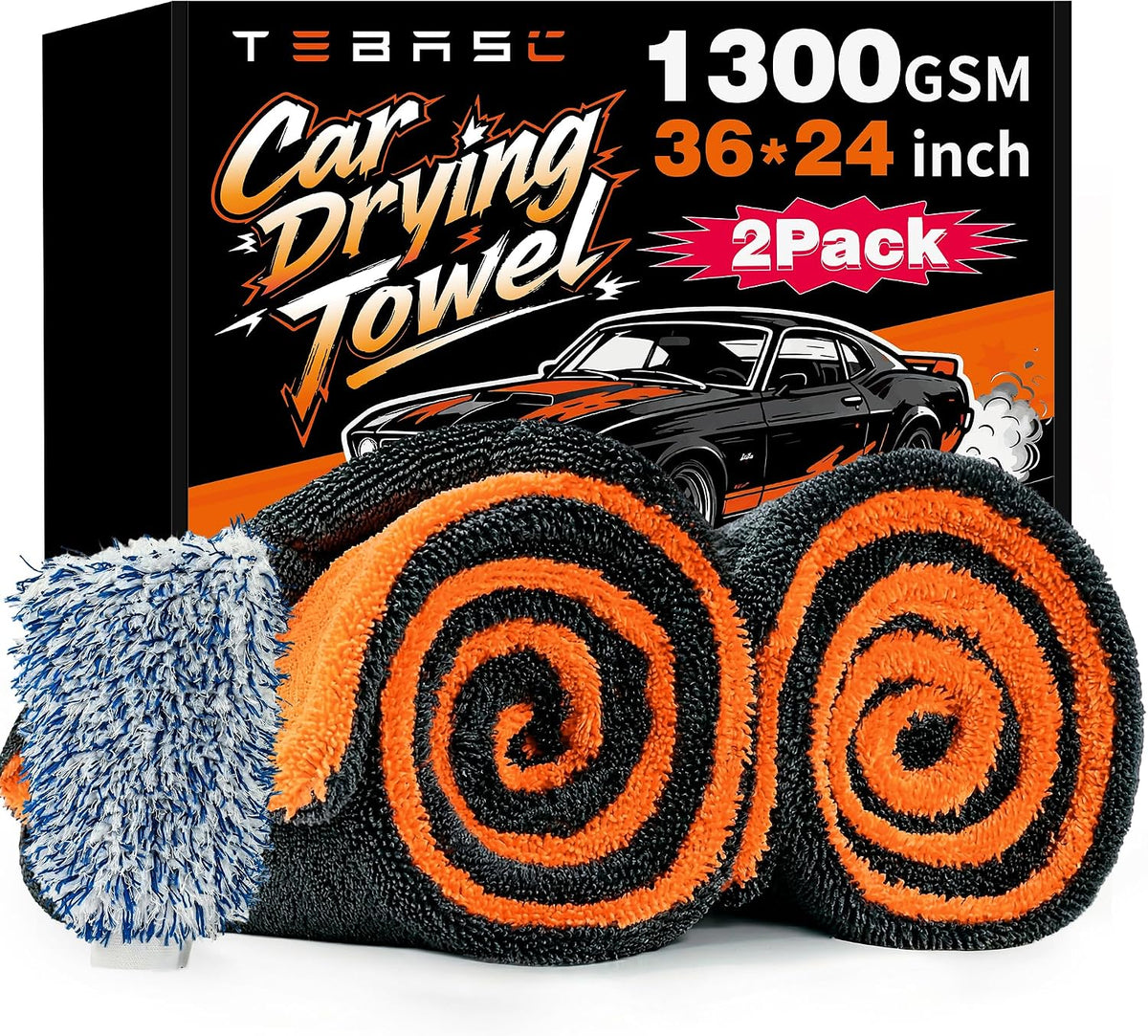Toallas de Secado para Auto TEBASIC Pack de 2 | 24x36 Pulgadas 1300 GSM | Microfibra Twisted Loop Super Absorbente sin Rayas | Gris-Naranja