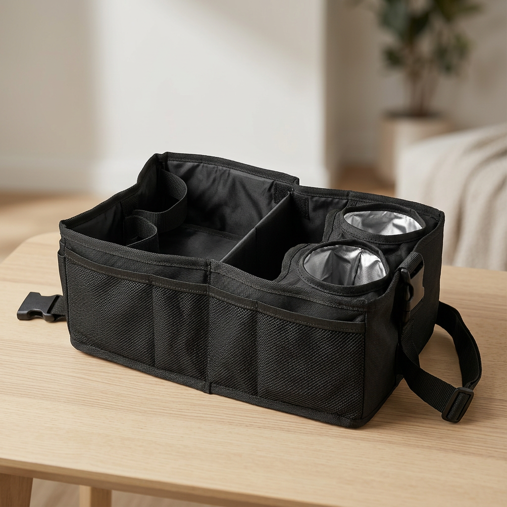 Organizador negro de tela con compartimentos y bolsillos de malla para mantener todo en orden