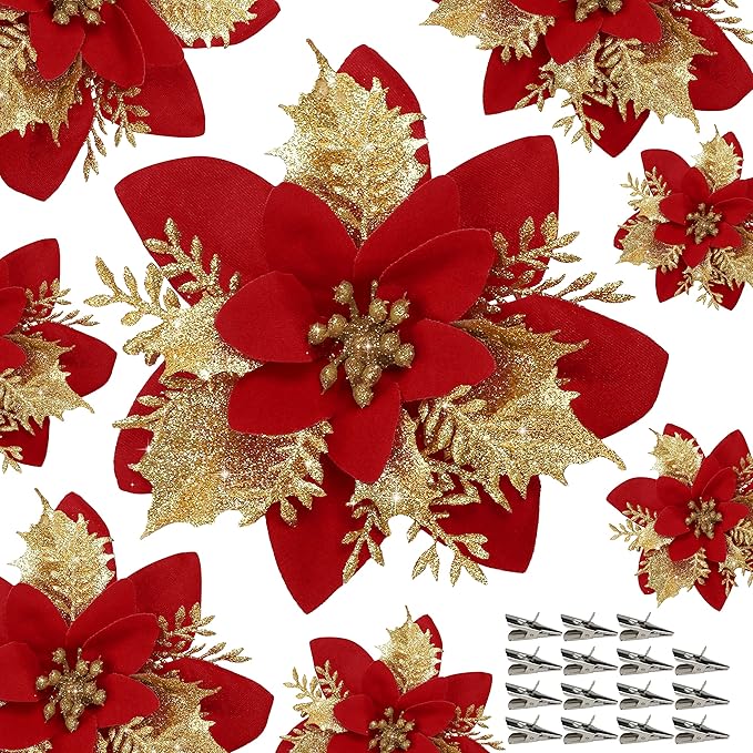 Flores de Nochebuena Artificiales Childom | Rojas con Brillantina | Clips Incluidos | Decor Navidad