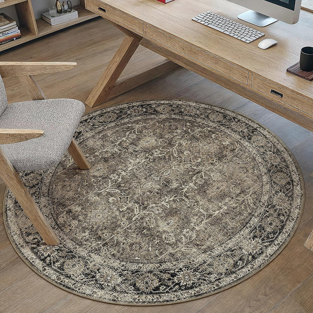 PureCozy Alfombra Redonda Cafe 90cm | Tapete de Entrada Circular Vintage Lavable Antideslizante Estilo Retro Desgastado para Hogar