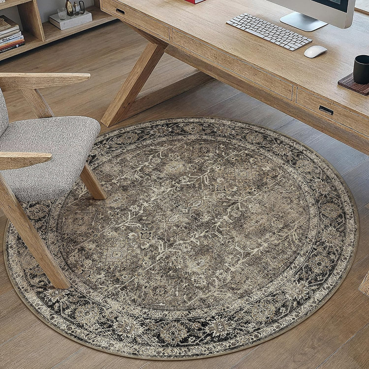 PureCozy Alfombra Redonda Cafe 90cm | Tapete de Entrada Circular Vintage Lavable Antideslizante Estilo Retro Desgastado para Hogar