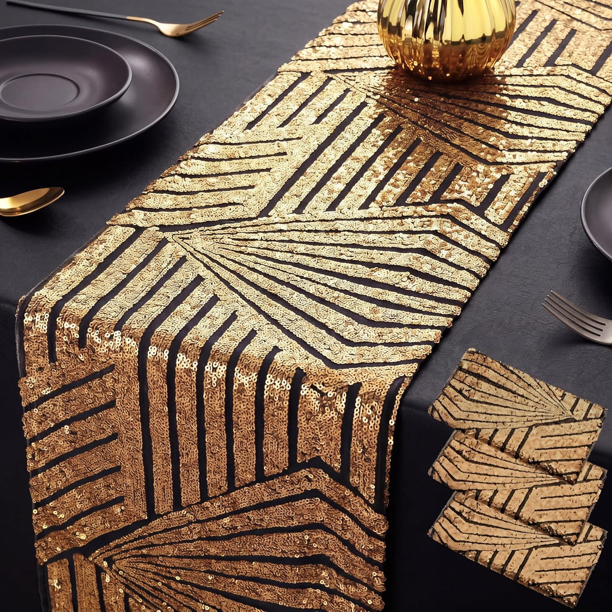 Pack 3 Caminos de Mesa Años 20 Peryiter - Negro y Dorado con Lentejuelas, 30x183 cm, Reutilizable