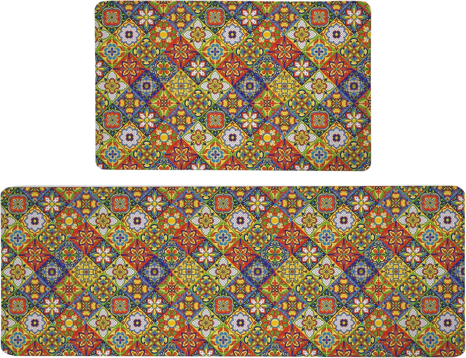 Juego de 2 alfombras de cocina bohemias de espuma viscoelástica con diseño de azulejos cerámicos coloridos y cómodos, alfombrilla antifatiga antideslizante de PVC tipo runner resistente al agua