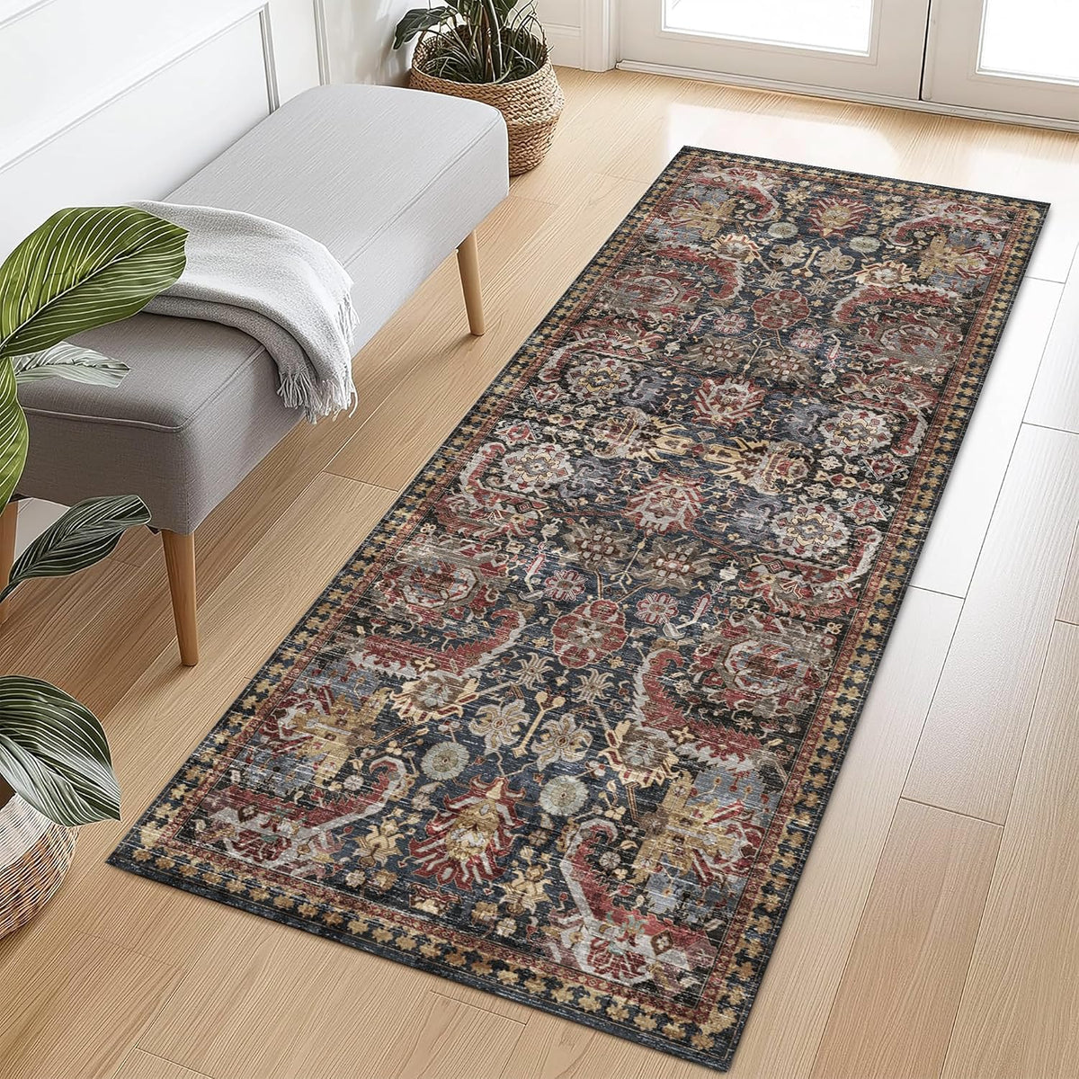 RUGSURE Alfombra Lavable 76x244cm Tapete de Pasillo | Antideslizante Resistente a Manchas | Tribal Vintage Óxido Pet Friendly