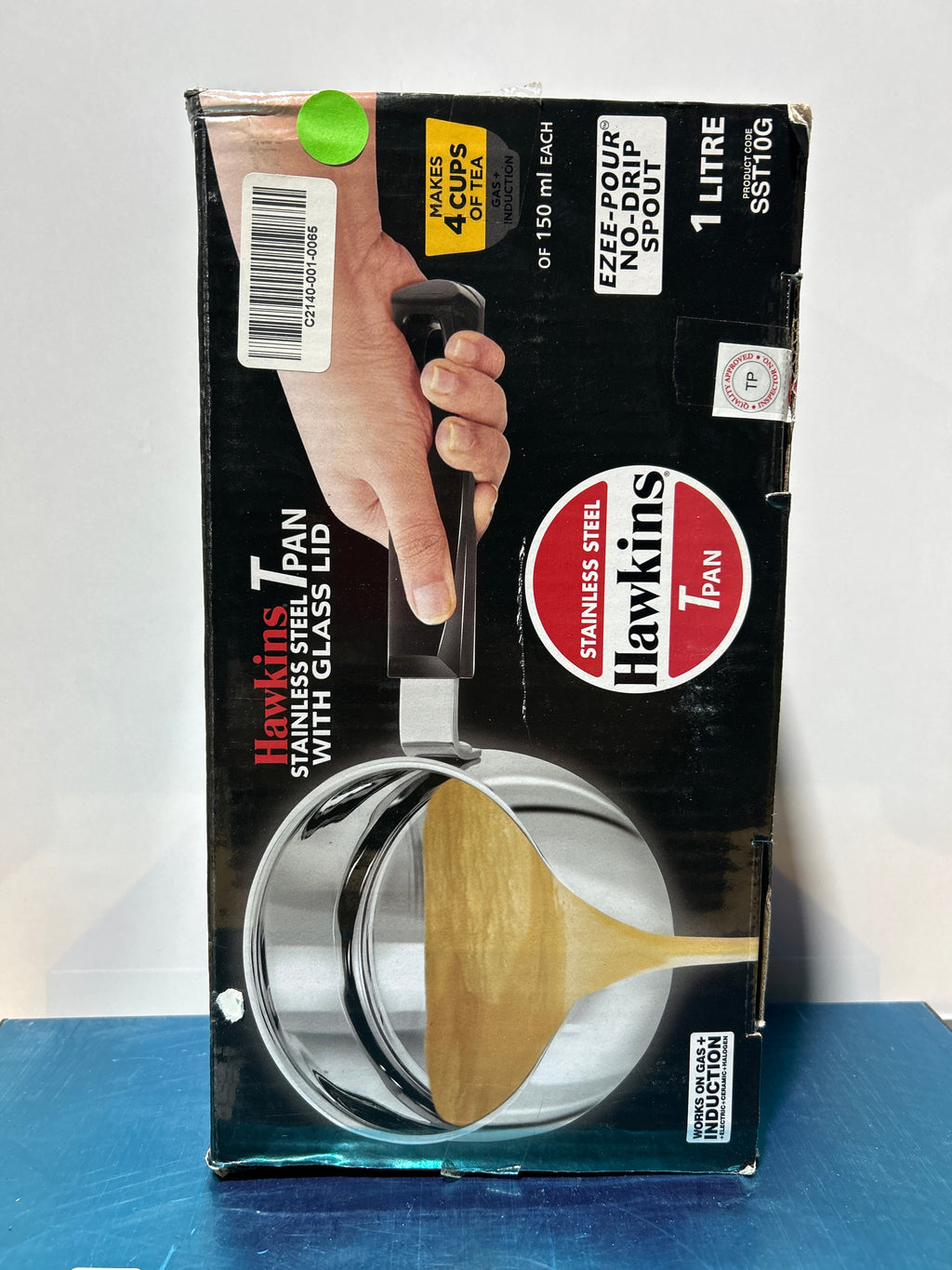 Hawkins Tpan, Tetera de acero inoxidable con tapa de vidrio, Cacerola de inducción, Chai Pan, Cacerola pequeña, Plateada SST10G 1 Litro