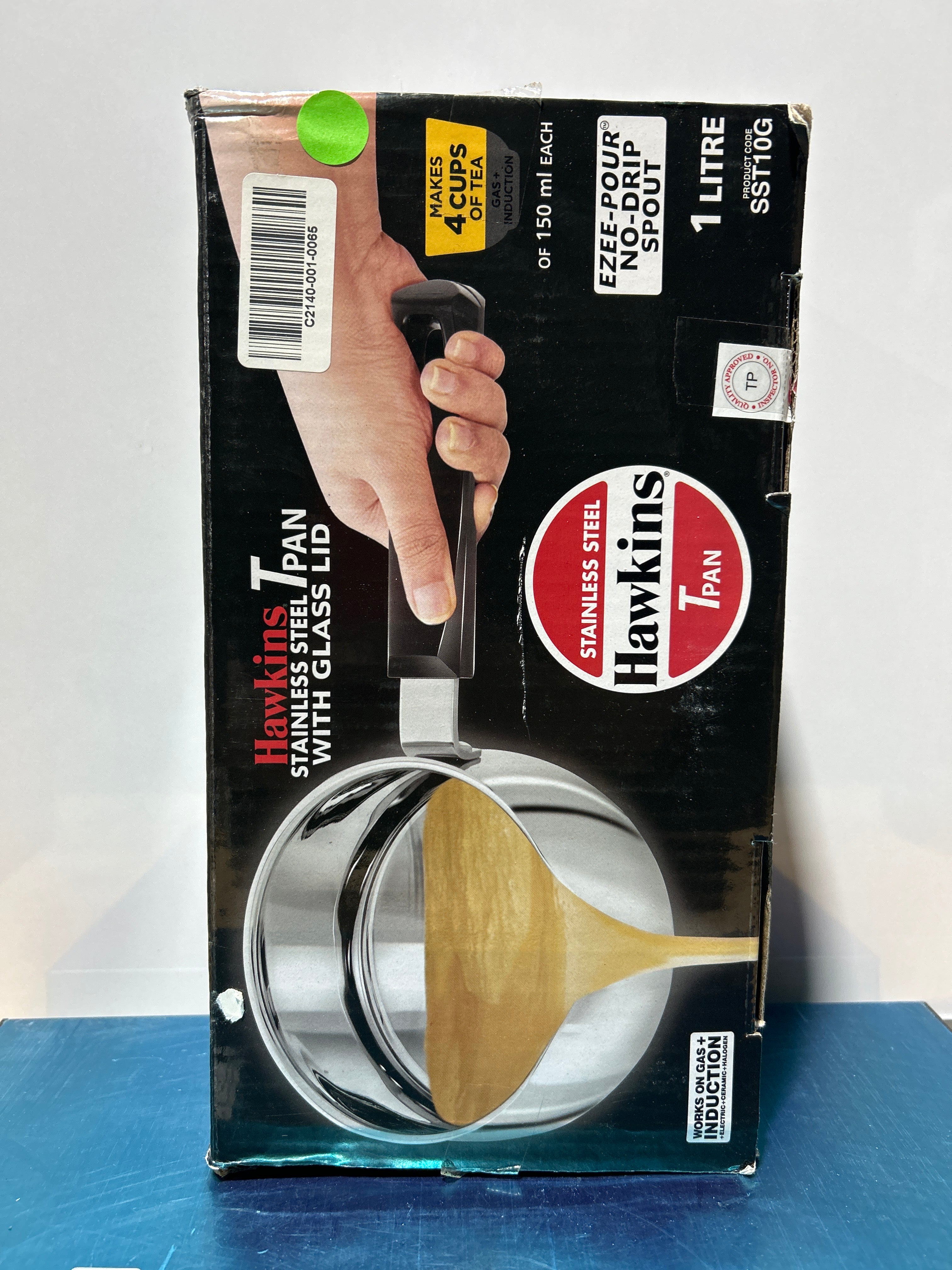 Hawkins Tpan, Tetera de acero inoxidable con tapa de vidrio, Cacerola de inducción, Chai Pan, Cacerola pequeña, Plateada SST10G 1 Litro