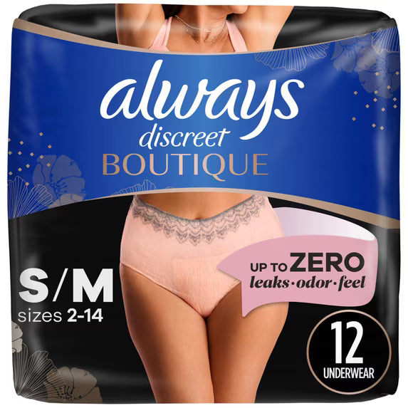 Always Discreet Boutique Ropa Interior para Incontinencia, Protección Máxima, Talla S/M, Rosado, 12 Unidades