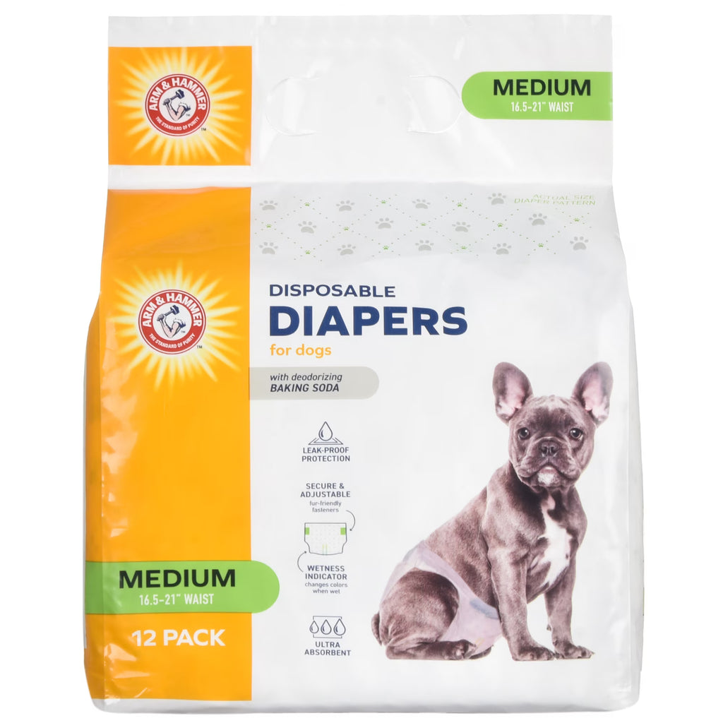 Arm & Hammer Pañales para Perra, Medianos, 12 Unidades, a Prueba de Fugas, Ultra Absorbentes con Indicador de Humedad