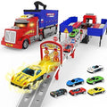 Camión Transportador de Autos con Pista de Carreras – Plegable, con Luces y Sonidos, 6 Autos de Metal (3-8 Años)