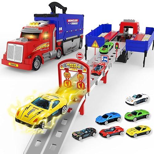 Camión Transportador de Autos con Pista de Carreras – Plegable, con Luces y Sonidos, 6 Autos de Metal (3-8 Años)