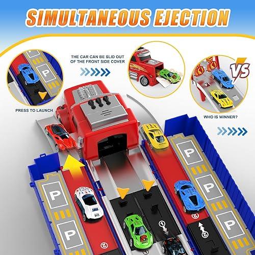 Camión Transportador de Autos con Pista de Carreras – Plegable, con Luces y Sonidos, 6 Autos de Metal (3-8 Años)