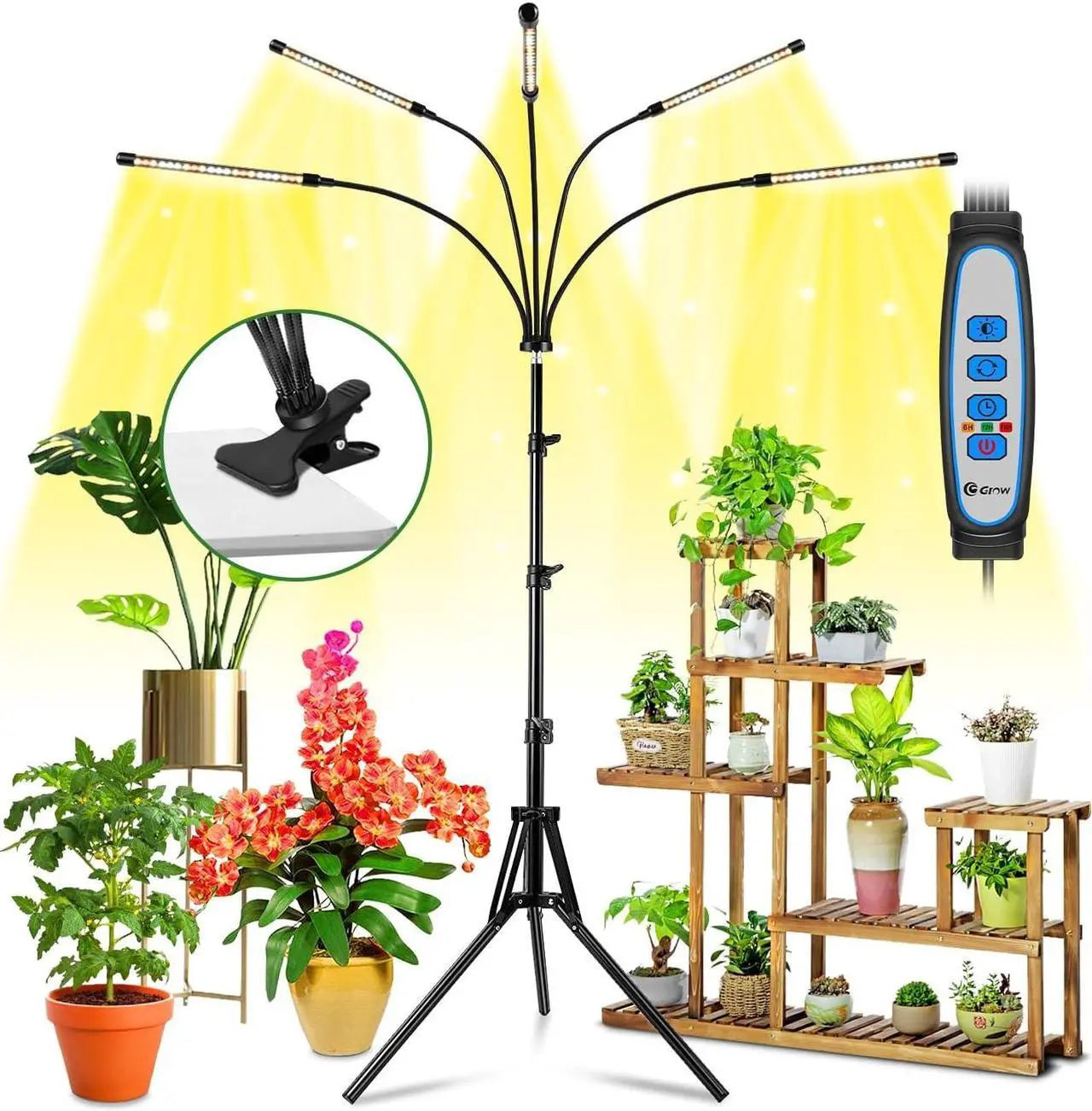 ⚠️ NO INCLUYE ACCESORIO DE PRENSA — Lámpara LED Wolezek para Plantas de Interior — Espectro Completo, 5 Cabezas, Timer y Clip Ajustable