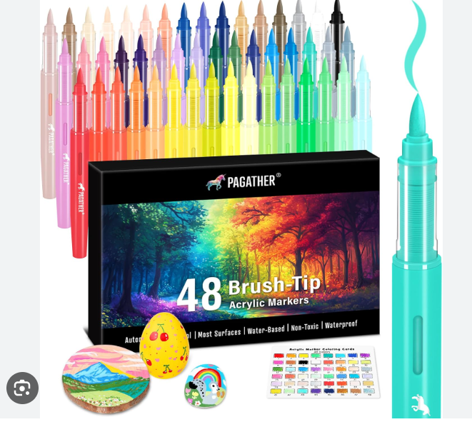 Pagather Marcadores de pintura acrílica de 48 colores, punta doble con punta fina y punta de pincel, para piedra, madera, caligrafía, lienzo, cerámica, metal, vidrio, roca, manualidades.