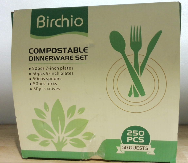 Juego de Vajilla Compostable Birchio para 50 Invitados | 250 Piezas: Platos 7" y 9", Cucharas, Tenedores y Cuchillos Desechables Ecológicos