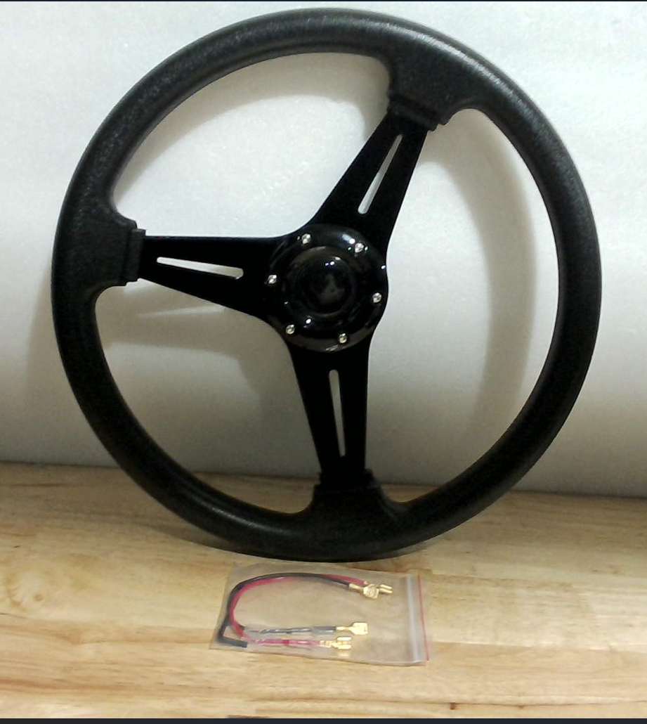 Volante de Carreras Universal QYMOPAY 35 cm – 6 Pernos, Cuero Antideslizante, Botón Claxon, Negro