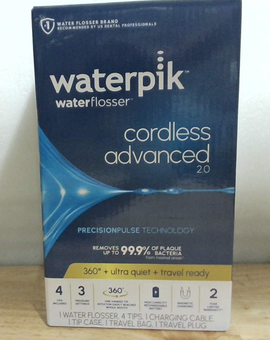 Irrigador Dental Waterpik Inalámbrico Avanzado 2.0 para Dientes, Encías, Aparatos, Cuidado Dental con Bolsa de Viaje y 4 Puntas, Recargable, Portátil e Impermeable, Blanco WP-580